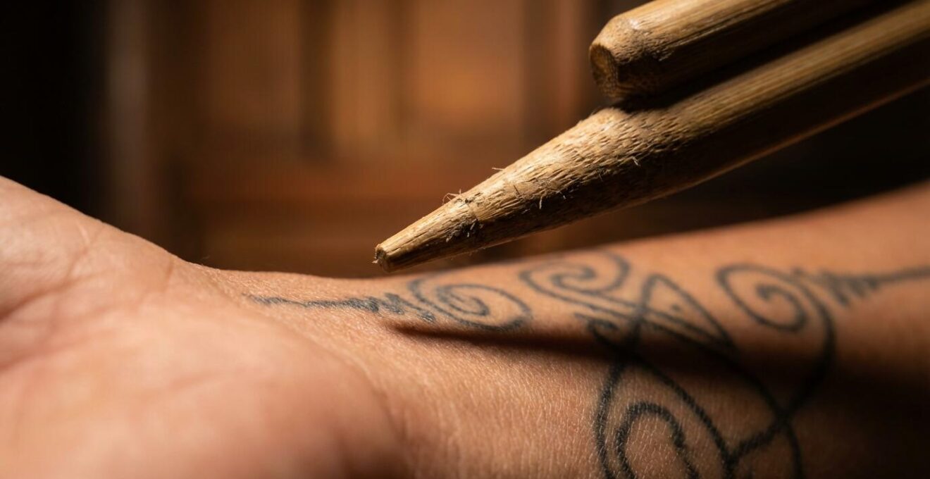 Maître Ajarn réalisant un tatouage Sak Yant traditionnel avec bambou