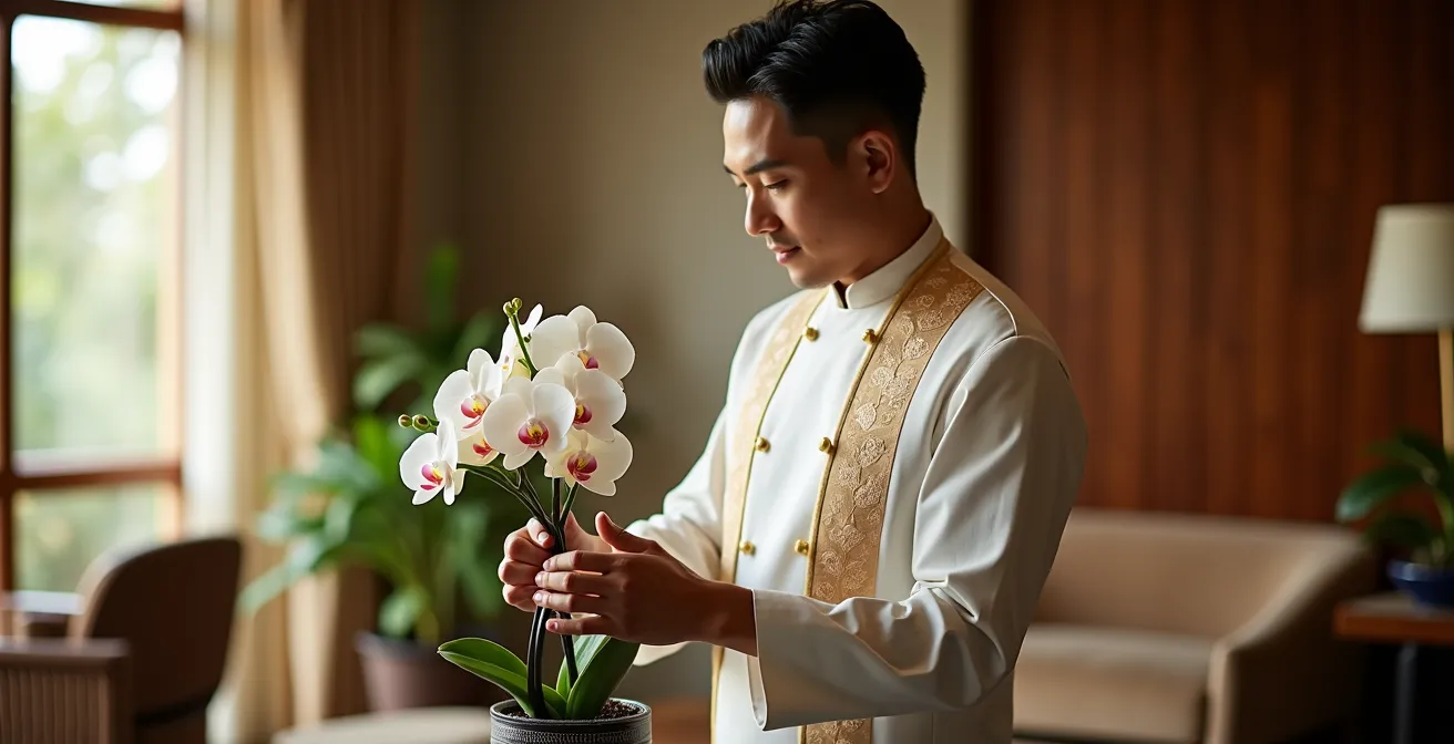 Majordome en uniforme traditionnel préparant le service dans une suite luxueuse