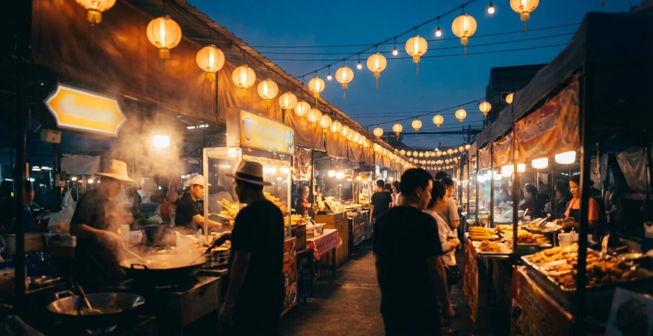 Marché nocturne animé de street food thaïlandaise avec des stands colorés et des vapeurs de cuisine