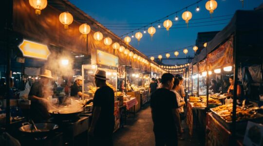 Marché nocturne animé de street food thaïlandaise avec des stands colorés et des vapeurs de cuisine