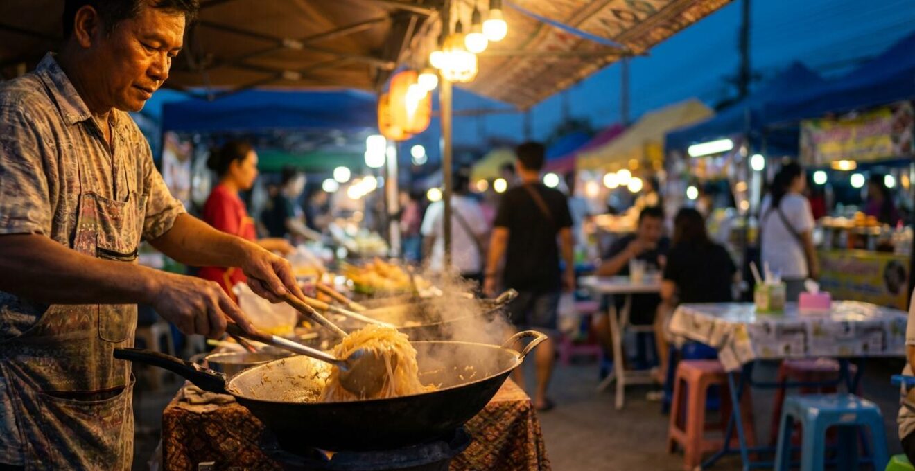 Marché de nuit animé de Surat Thani avec étals de nourriture locale et ambiance authentique