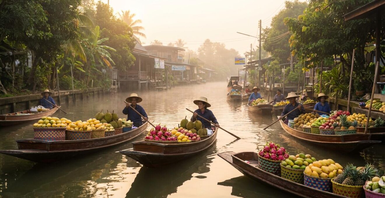 Marchés flottants colorés autour de Bangkok avec barques traditionnelles et vendeuses en chapeaux de paille