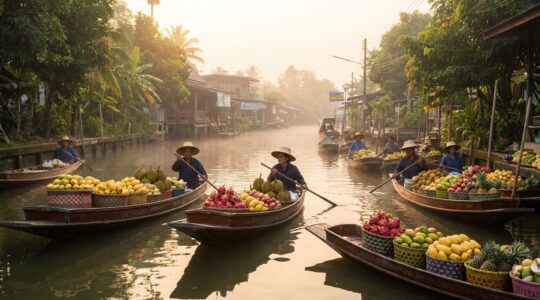Marchés flottants colorés autour de Bangkok avec barques traditionnelles et vendeuses en chapeaux de paille
