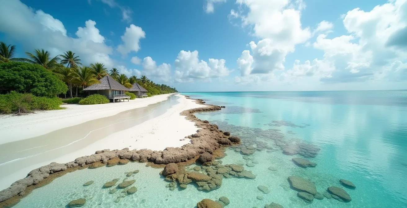 Vue aérienne d'une plage tropicale à marée basse révélant l'étendue du platier rocheux et la distance de l'eau.