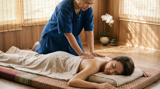 Praticienne de massage thaïlandais pratiquant des pressions douces sur le dos d'une cliente dans un spa traditionnel