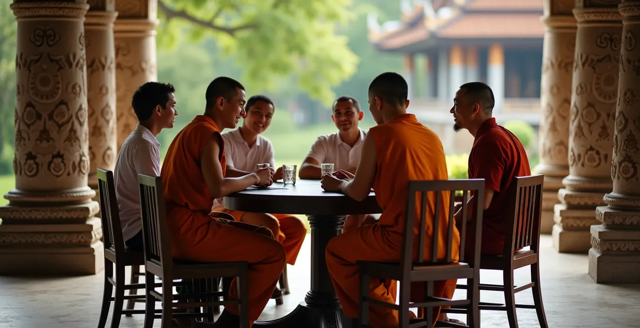 Session de Monk Chat dans un temple de Chiang Mai avec moines et visiteurs en conversation