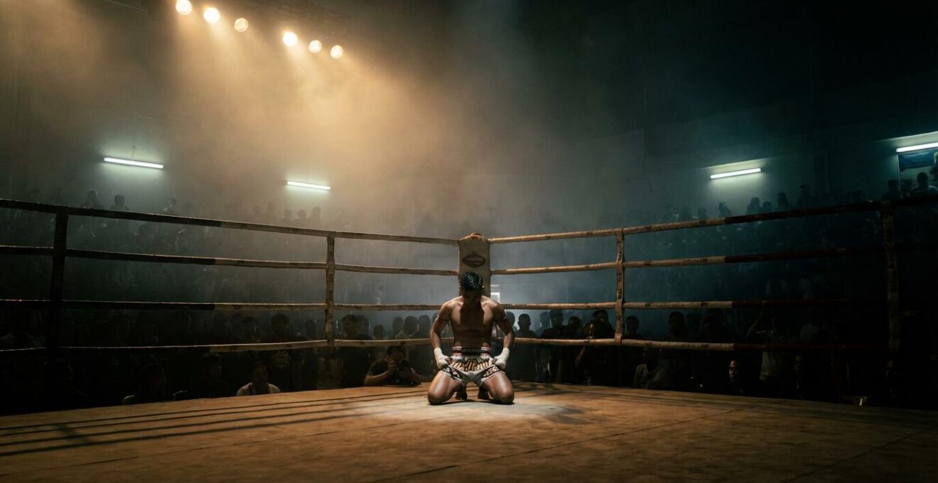 Boxeur thaïlandais effectuant la danse rituelle Wai Khru dans un stade traditionnel