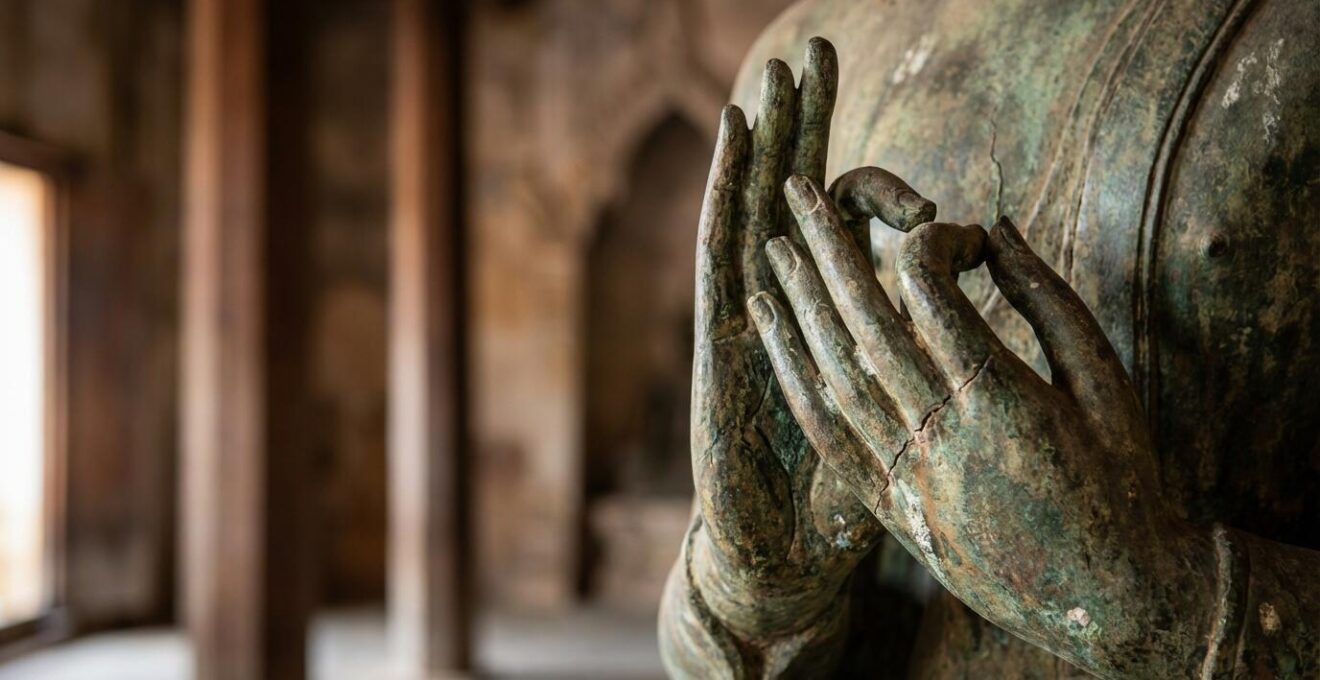 Gros plan sur les mains d'une statue de Bouddha montrant différentes positions sacrées mudrās