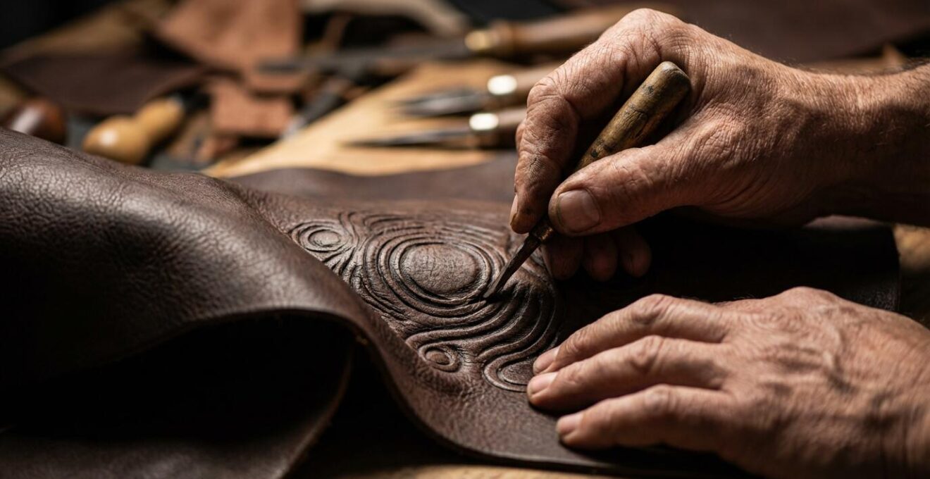 Artisan travaillant sur une marionnette géante en cuir de buffle pour le théâtre d'ombres Nang Yai