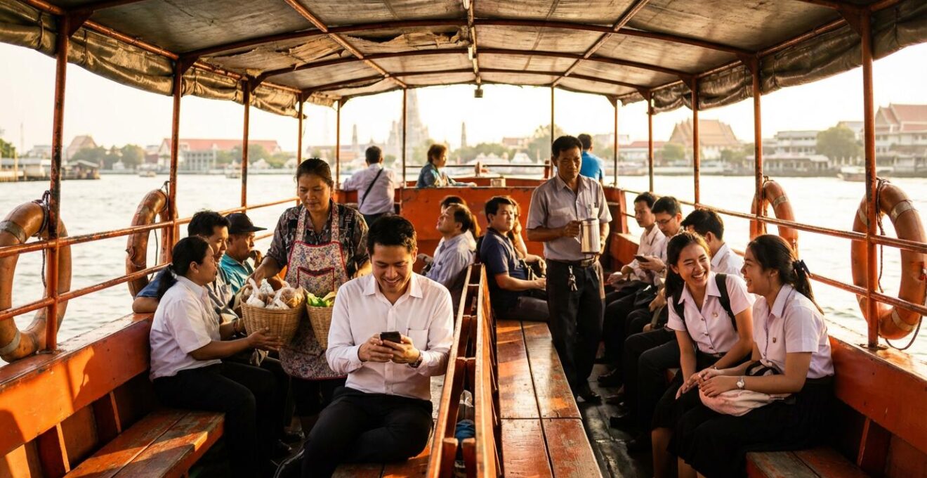 Bateau express au drapeau orange bondé de locaux traversant le fleuve Chao Phraya à Bangkok