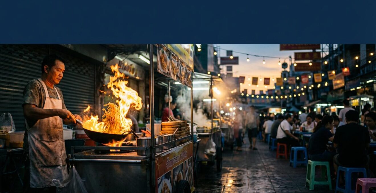 Un chef thaïlandais prépare un Pad Thaï dans un wok flamboyant sur un marché de rue animé de Bangkok au crépuscule
