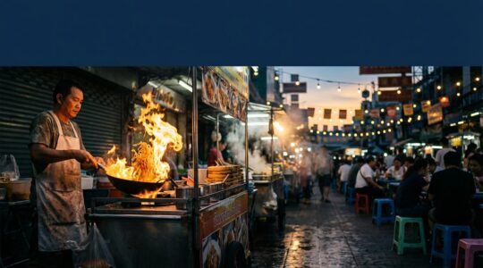 Un chef thaïlandais prépare un Pad Thaï dans un wok flamboyant sur un marché de rue animé de Bangkok au crépuscule