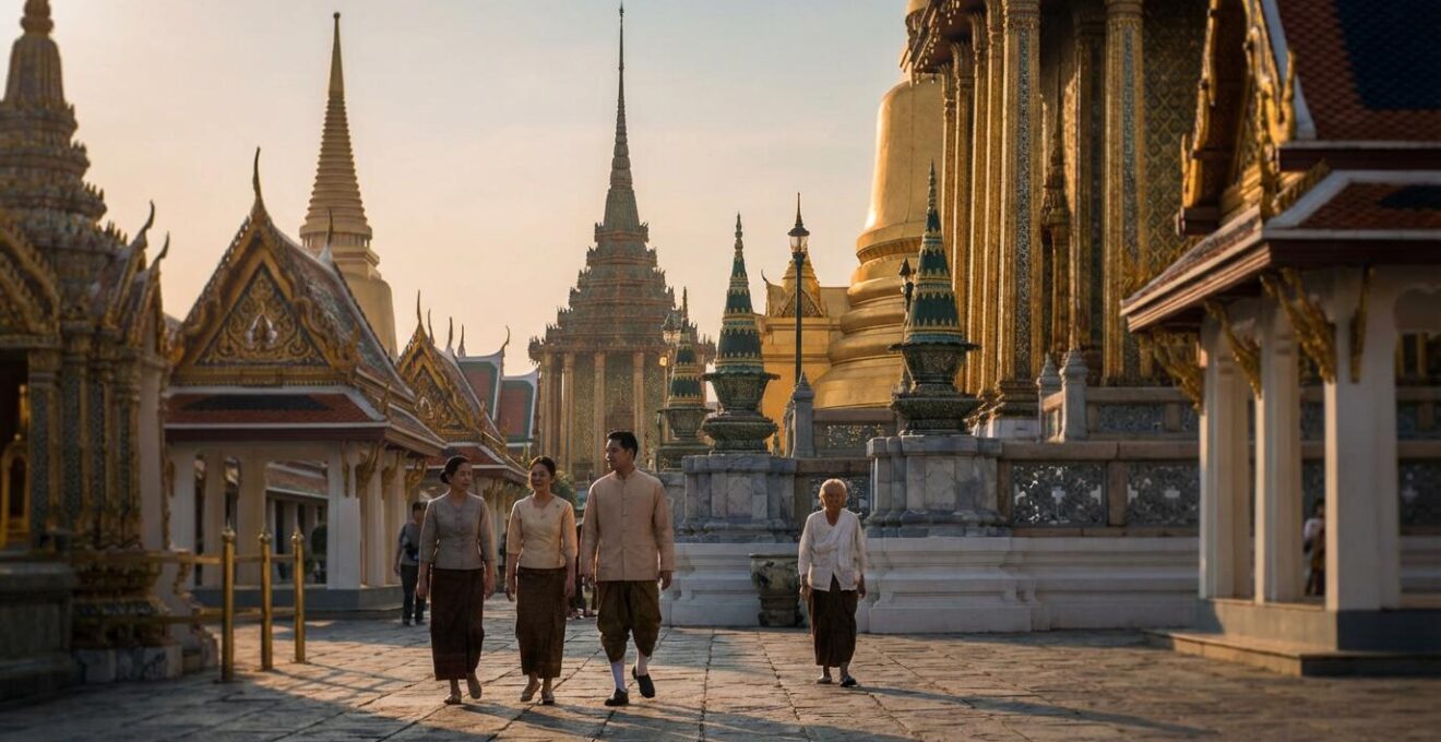 Vue du Palais Royal de Bangkok dans la lumière dorée du matin avec peu de visiteurs dans les cours