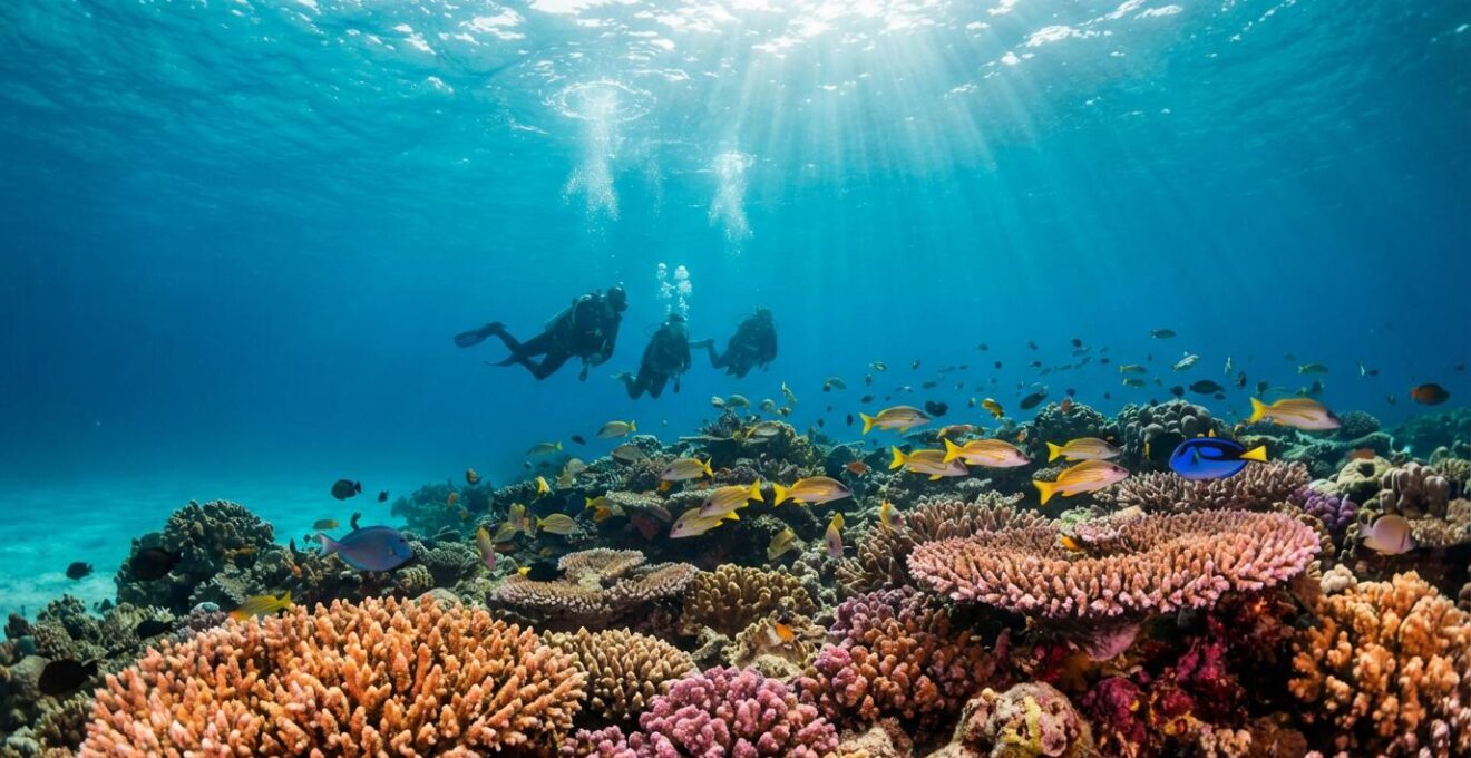 Vue sous-marine des eaux cristallines de Koh Tao avec plongeurs et récif corallien coloré