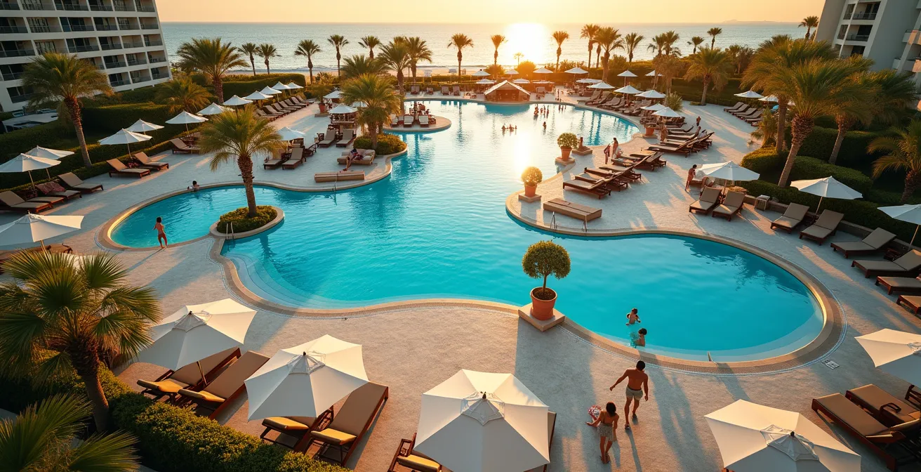 Vue aérienne d'une piscine de resort avec disposition stratégique des transats et espaces détente