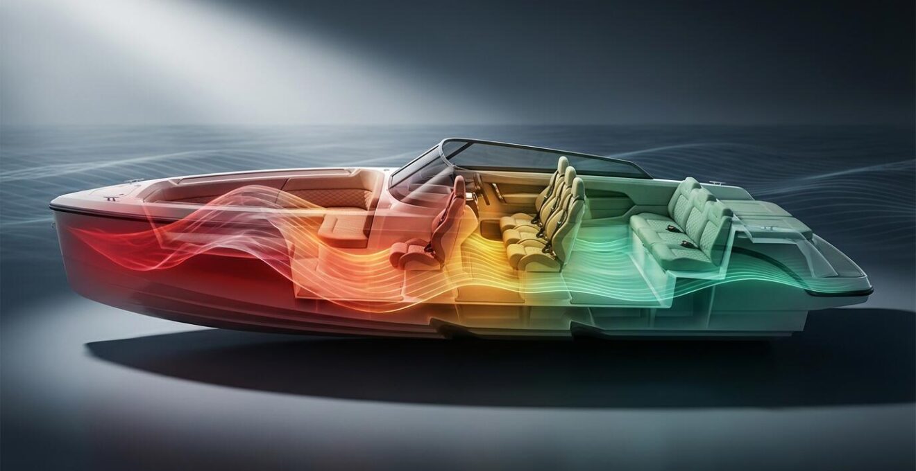 Vue latérale d'un bateau montrant la position centrale arrière idéale pour minimiser le mal de mer