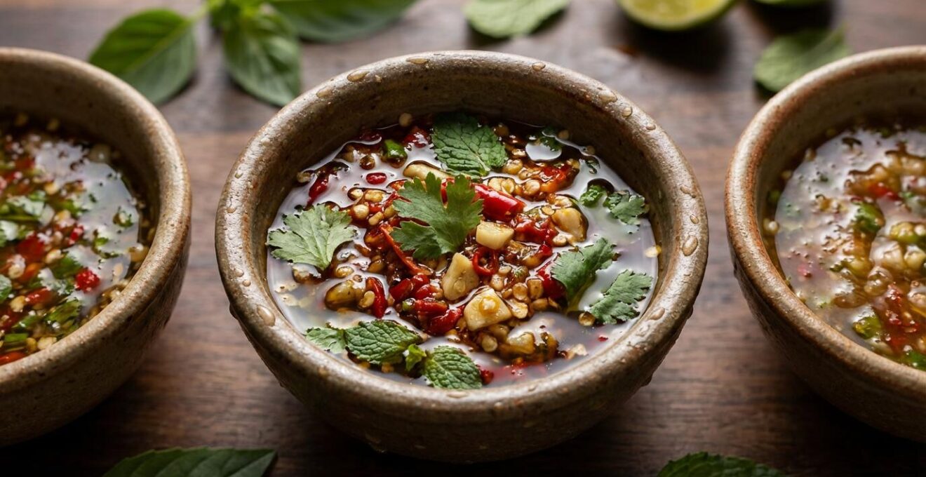 Préparation de sauces thaïlandaises Nam Chim avec mortier et ingrédients frais