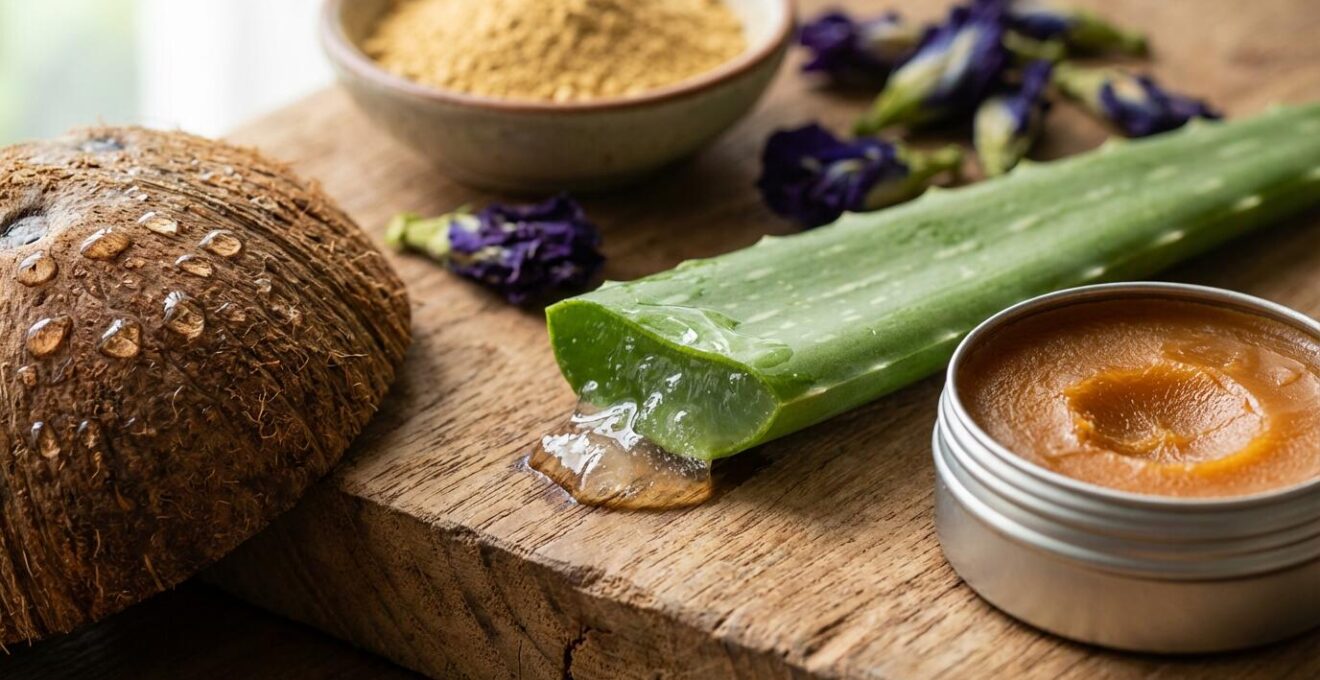 Nature morte de remèdes traditionnels thaïlandais avec aloe vera, eau de coco et baume du tigre