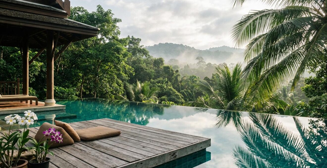 Vue panoramique d'une retraite de bien-être en Thaïlande avec piscine naturelle et végétation tropicale