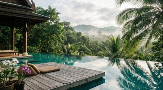 Vue panoramique d'une retraite de bien-être en Thaïlande avec piscine naturelle et végétation tropicale
