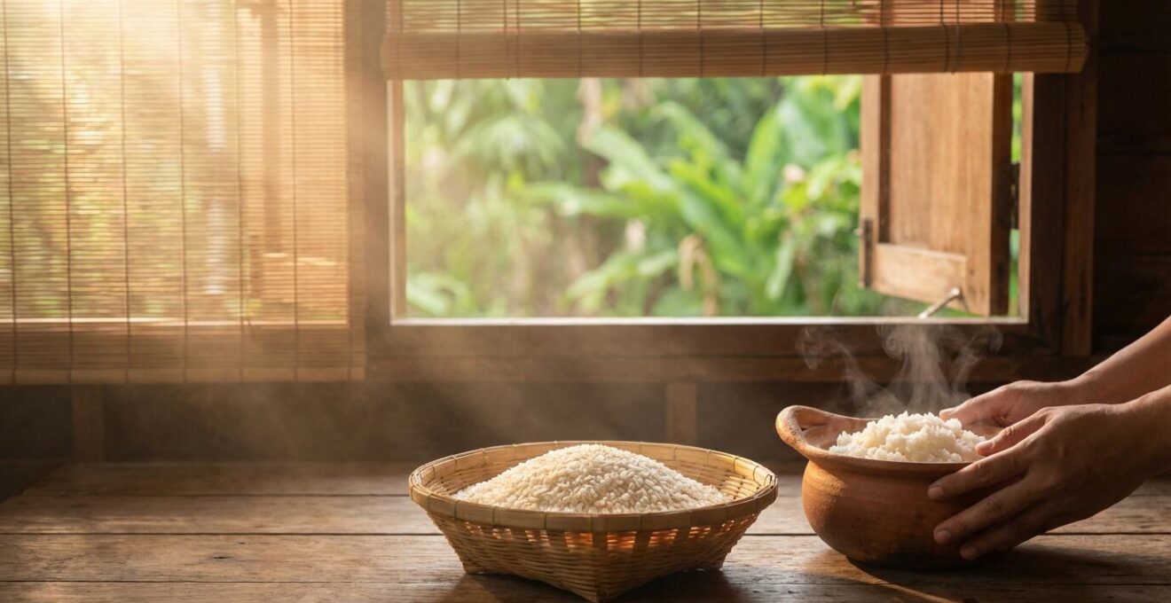 Bol de riz jasmin parfumé Hom Mali avec vapeur visible dans une cuisine thaïlandaise traditionnelle