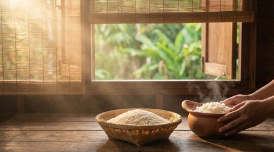 Bol de riz jasmin parfumé Hom Mali avec vapeur visible dans une cuisine thaïlandaise traditionnelle