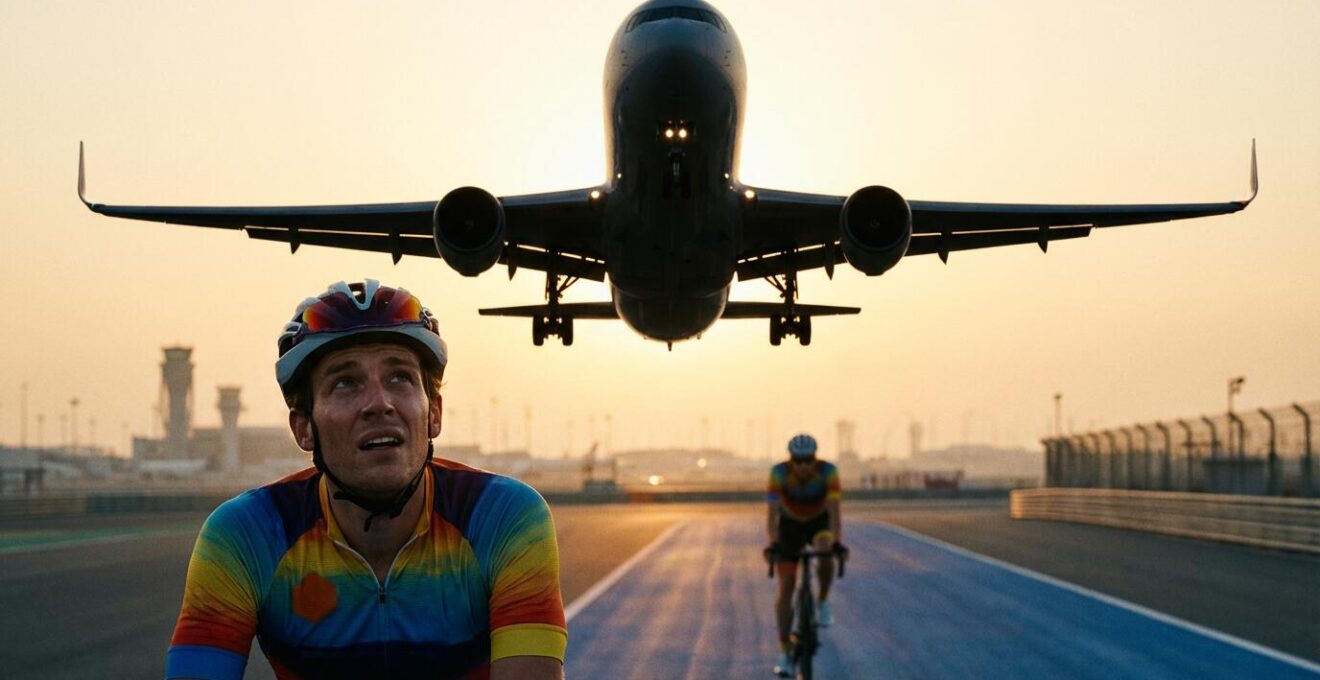 Cyclistes pédalant sur piste bleue avec avion décollant en arrière-plan au coucher du soleil