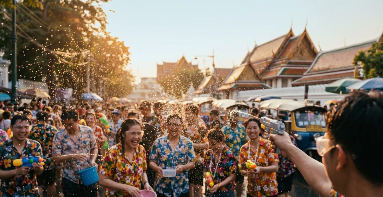 Scène dynamique de la célébration de Songkran en Thaïlande avec des personnes souriantes s'arrosant dans une rue ornée de temples