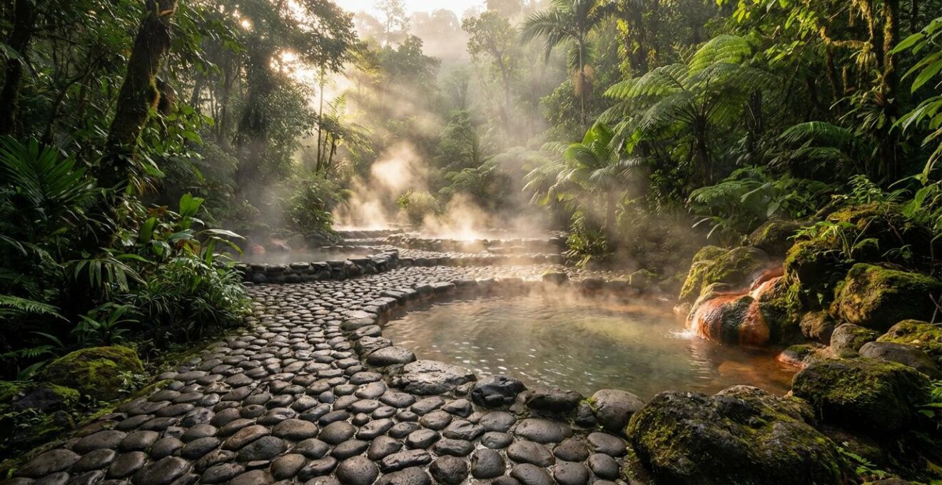 Sources chaudes naturelles entourées de jungle tropicale en Thaïlande avec vapeur mystique et pierres volcaniques