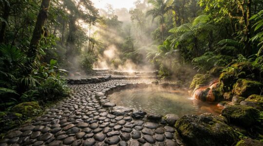 Sources chaudes naturelles entourées de jungle tropicale en Thaïlande avec vapeur mystique et pierres volcaniques