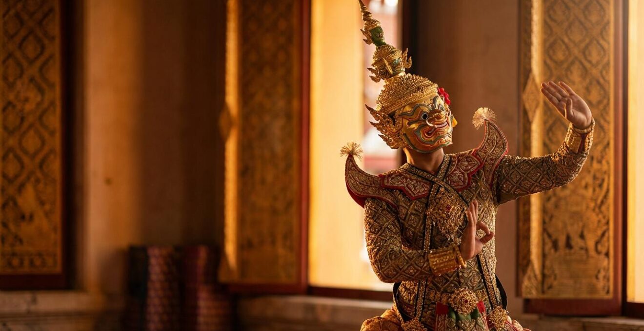 Danseuse de Khon en costume royal avec masque doré dans un théâtre traditionnel thaïlandais