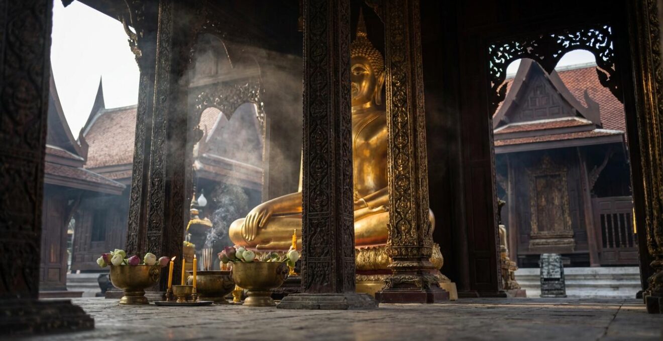 Statue de Bouddha dorée monumentale dans un temple thaïlandais avec architecture traditionnelle et offrandes florales