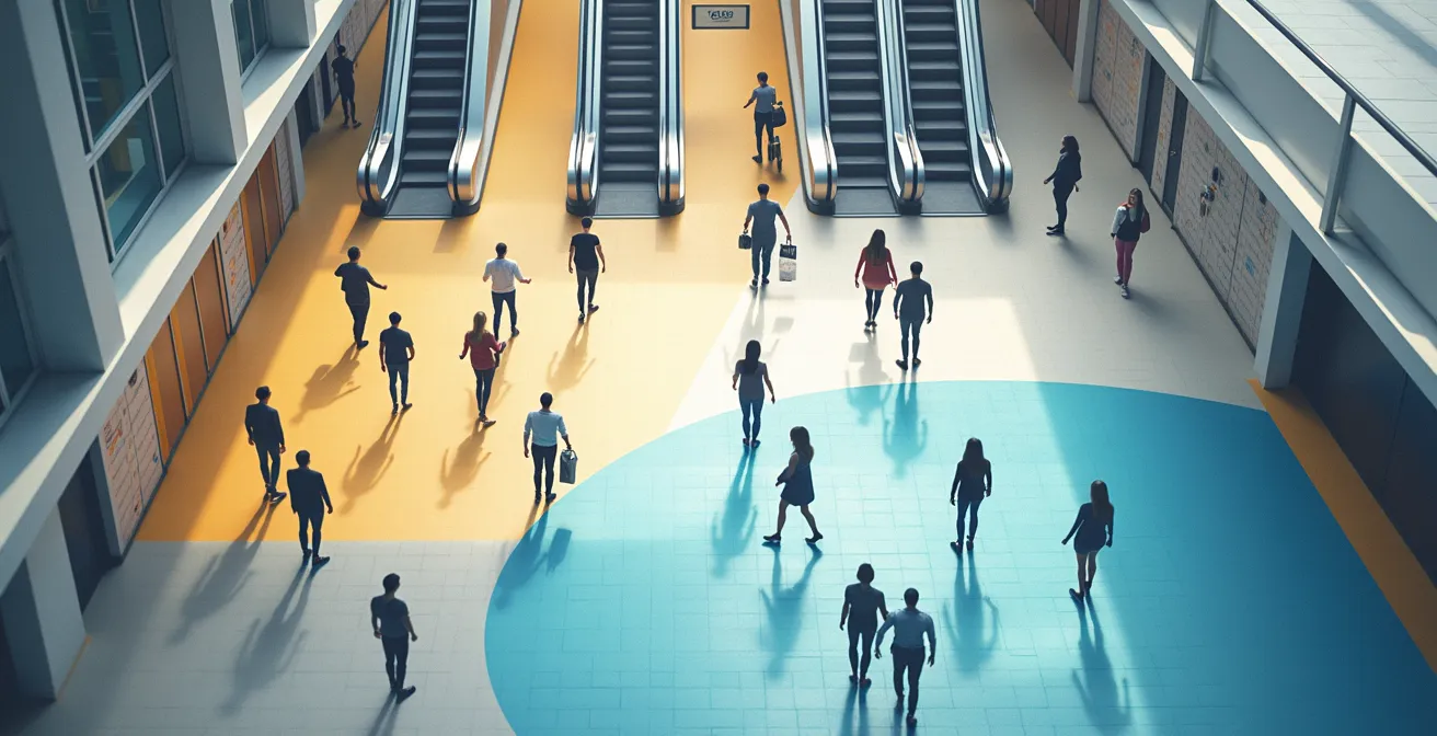 Vue aérienne d'un quai BTS montrant le flux de passagers et les zones stratégiques