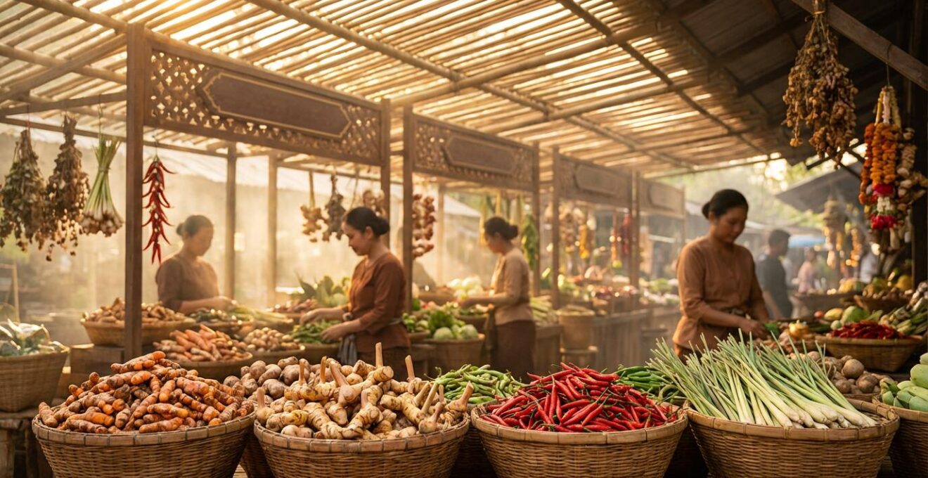 Marché traditionnel du sud thaïlandais avec épices colorées et ambiance authentique