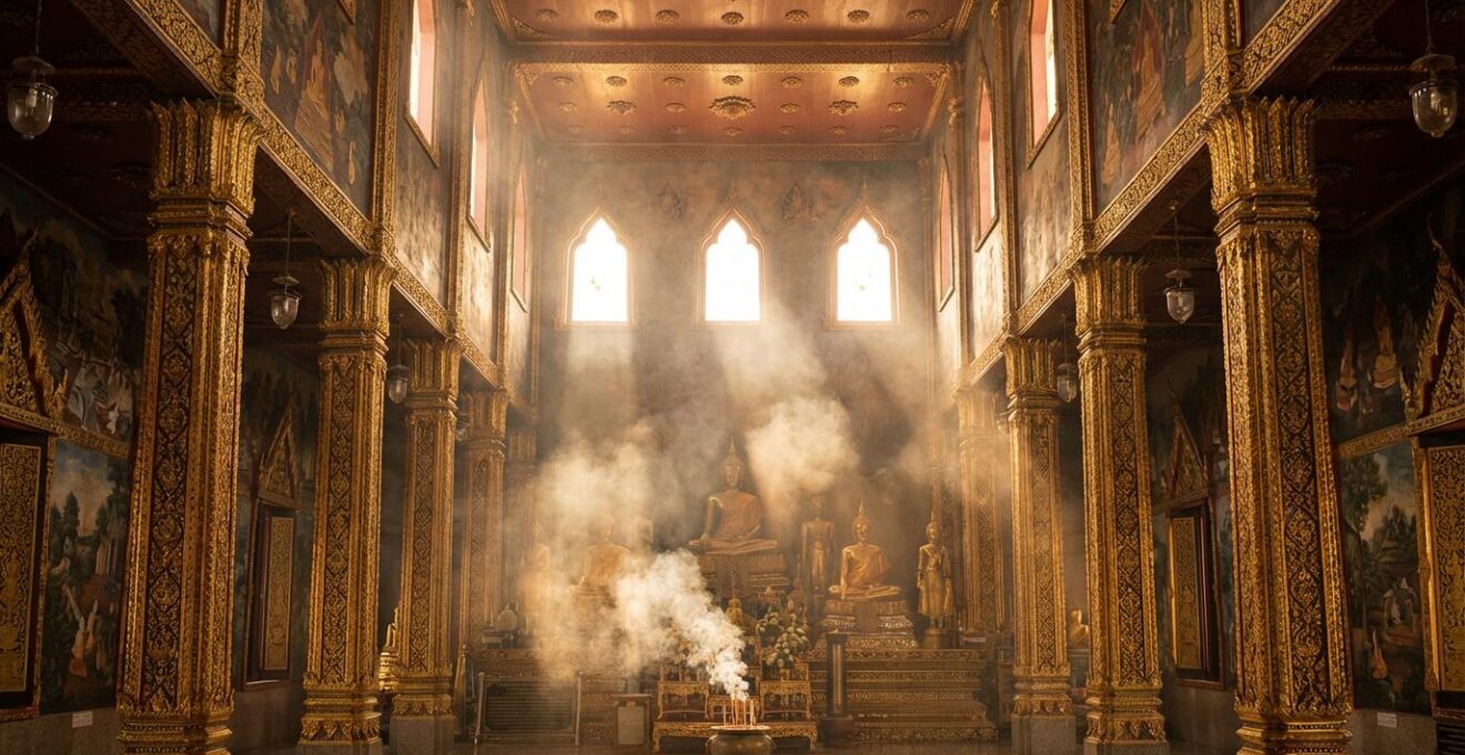 Vue intérieure majestueuse du temple abritant le Bouddha d'Émeraude avec architecture dorée et ornements sacrés