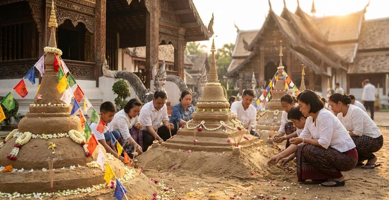 Pagode de sable décorée de fleurs et de drapeaux colorés dans un temple bouddhiste lors du Songkran
