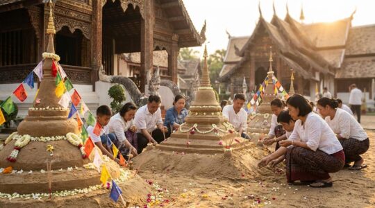 Pagode de sable décorée de fleurs et de drapeaux colorés dans un temple bouddhiste lors du Songkran