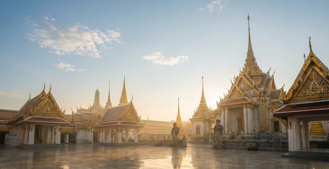 Vue majestueuse d'un temple royal thaïlandais avec toits dorés et statues de gardiens, baigné dans la lumière dorée du matin