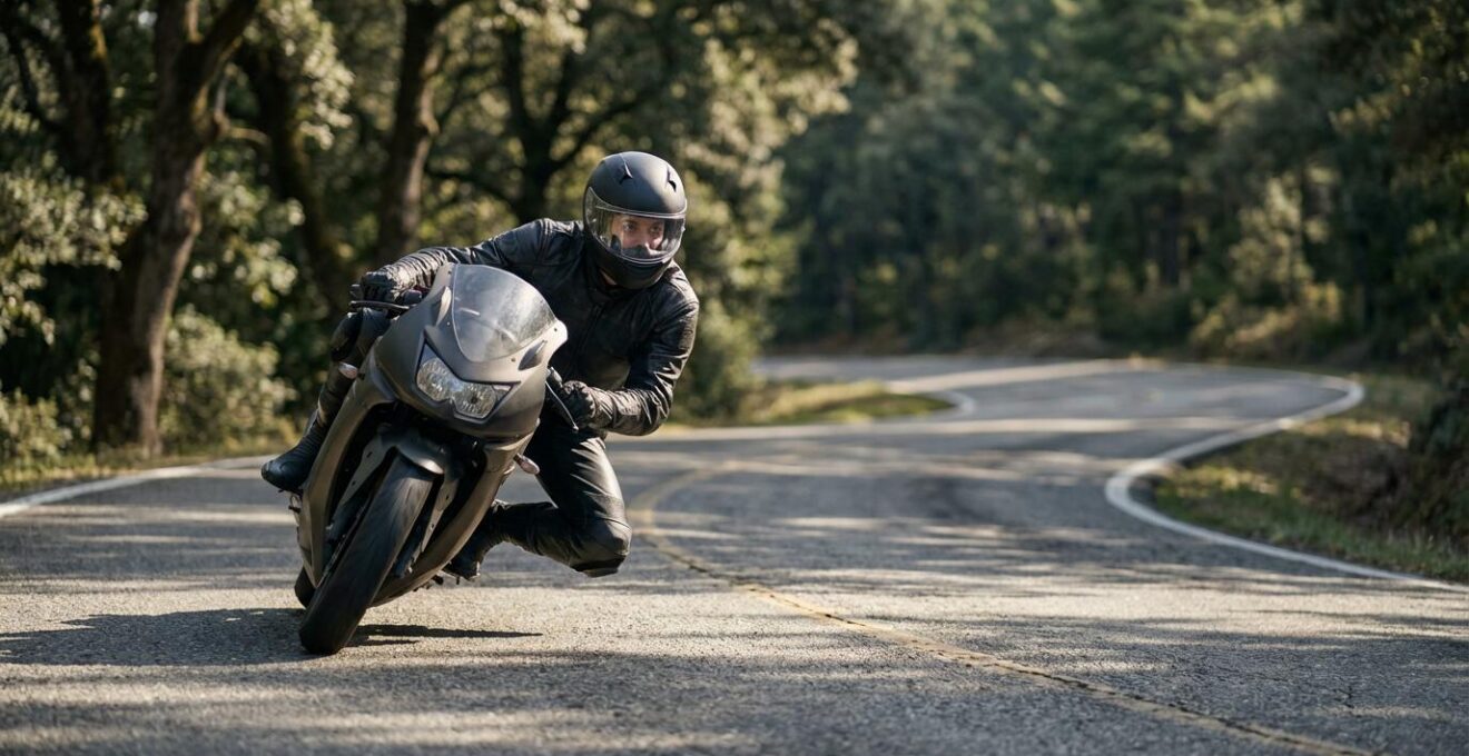 Motard négociant un virage serré sur la route de montagne de Samoeng