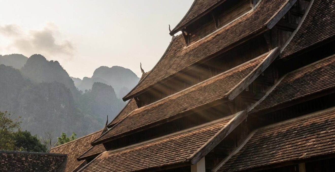 Détail architectural de toits superposés de style Lanna avec système de ventilation naturelle visible