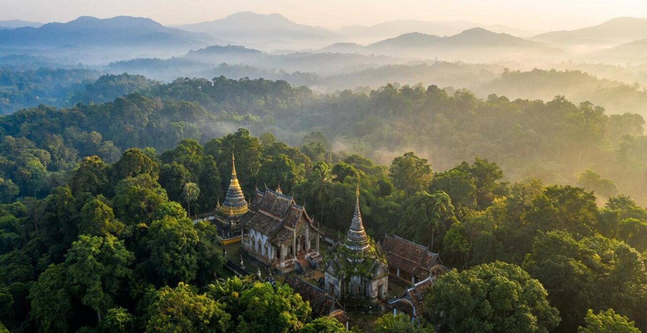 Paysage thaïlandais mêlant nature luxuriante et architecture traditionnelle dans une harmonie durable
