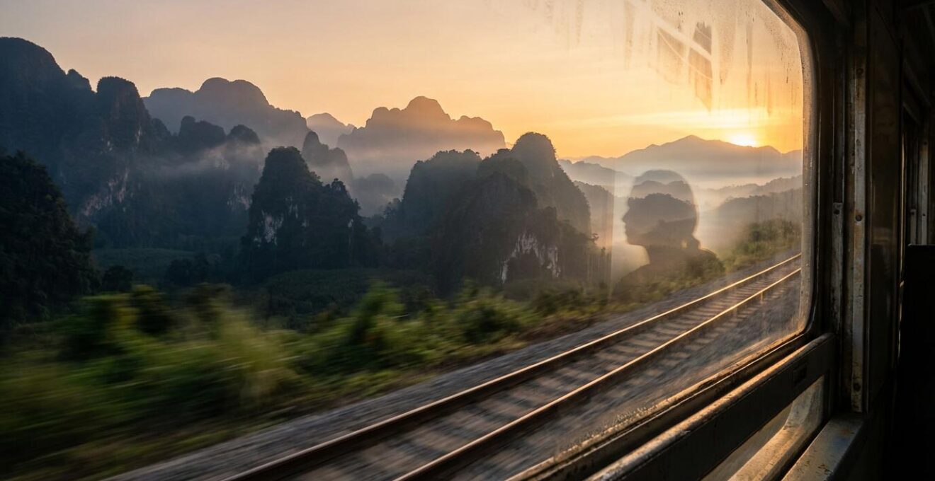 Vue depuis la fenêtre d'un train traversant les paysages karstiques du sud thaïlandais à l'aube