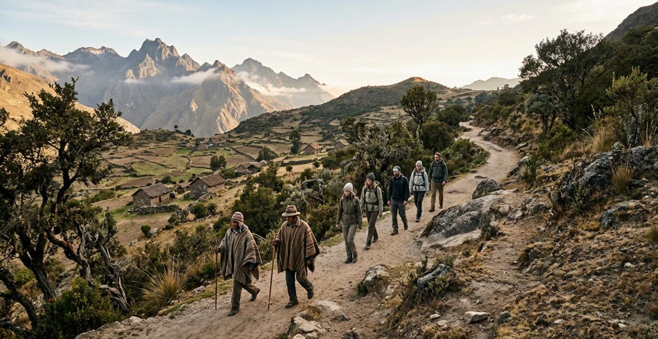 Vue panoramique d'un groupe de trekkeurs marchant sur un sentier de montagne avec des guides locaux en tenue traditionnelle