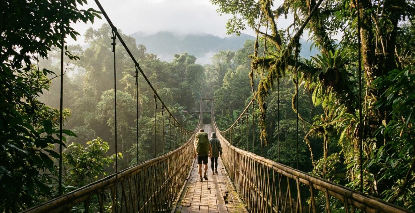 Aventuriers traversant un pont suspendu dans la jungle tropicale thaïlandaise
