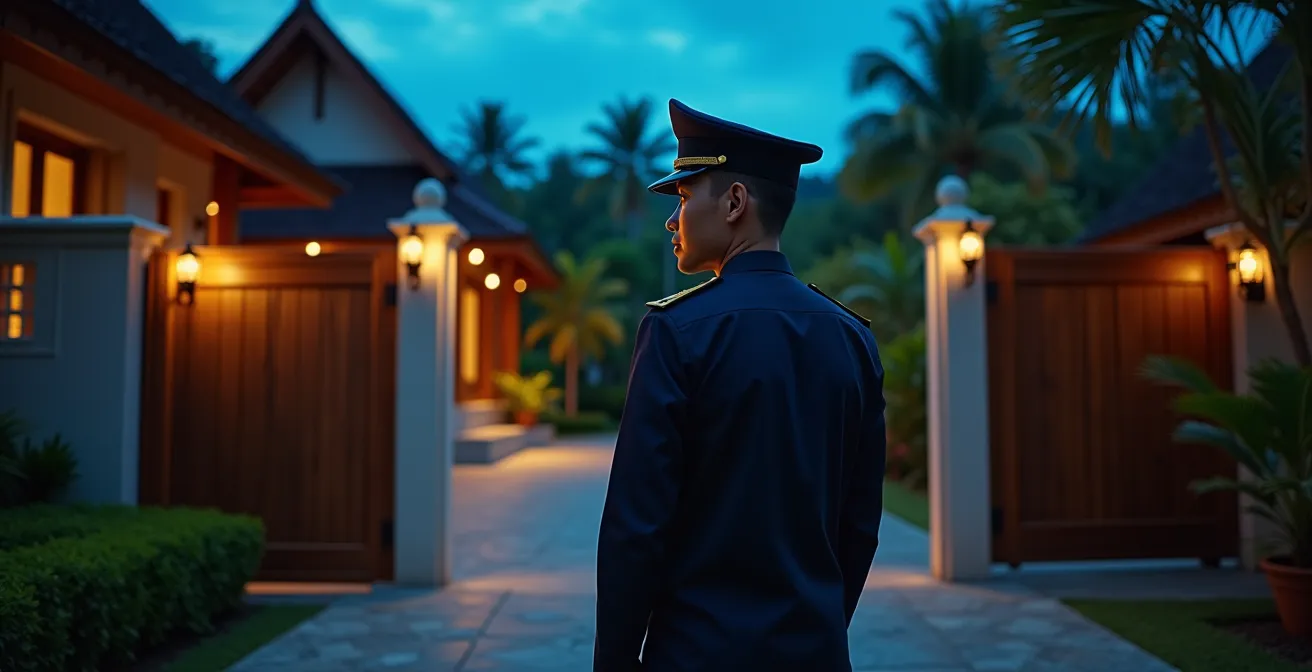 Vue nocturne d'une villa thaïlandaise éclairée avec portail sécurisé et gardien discret