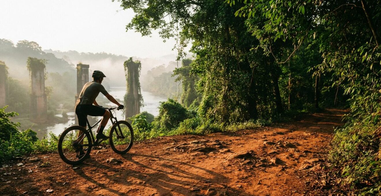 Cycliste VTT traversant un paysage vallonné près de la rivière Kwaï avec montagnes en arrière-plan