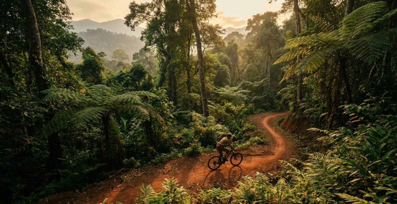 VTT sur un sentier de montagne en Thaïlande entouré de végétation tropicale luxuriante