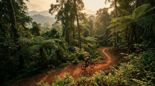 VTT sur un sentier de montagne en Thaïlande entouré de végétation tropicale luxuriante