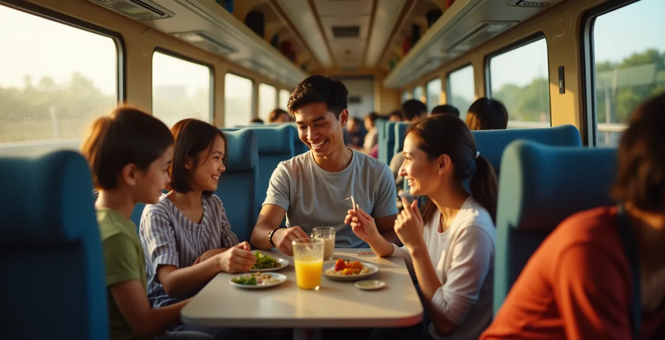 Intérieur d'un wagon de deuxième classe montrant l'ambiance conviviale entre voyageurs