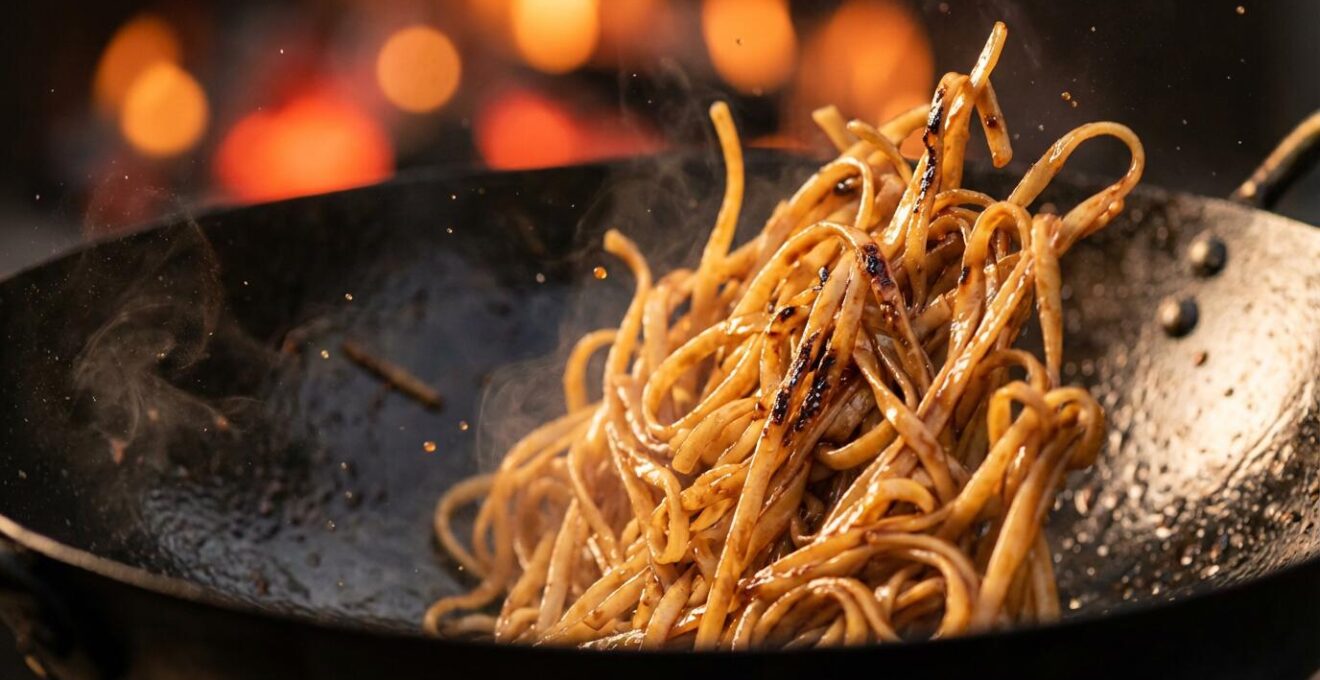 Gros plan macro sur des nouilles de riz caramélisées dans un wok avec des flammes et de la fumée caractéristiques du wok hei